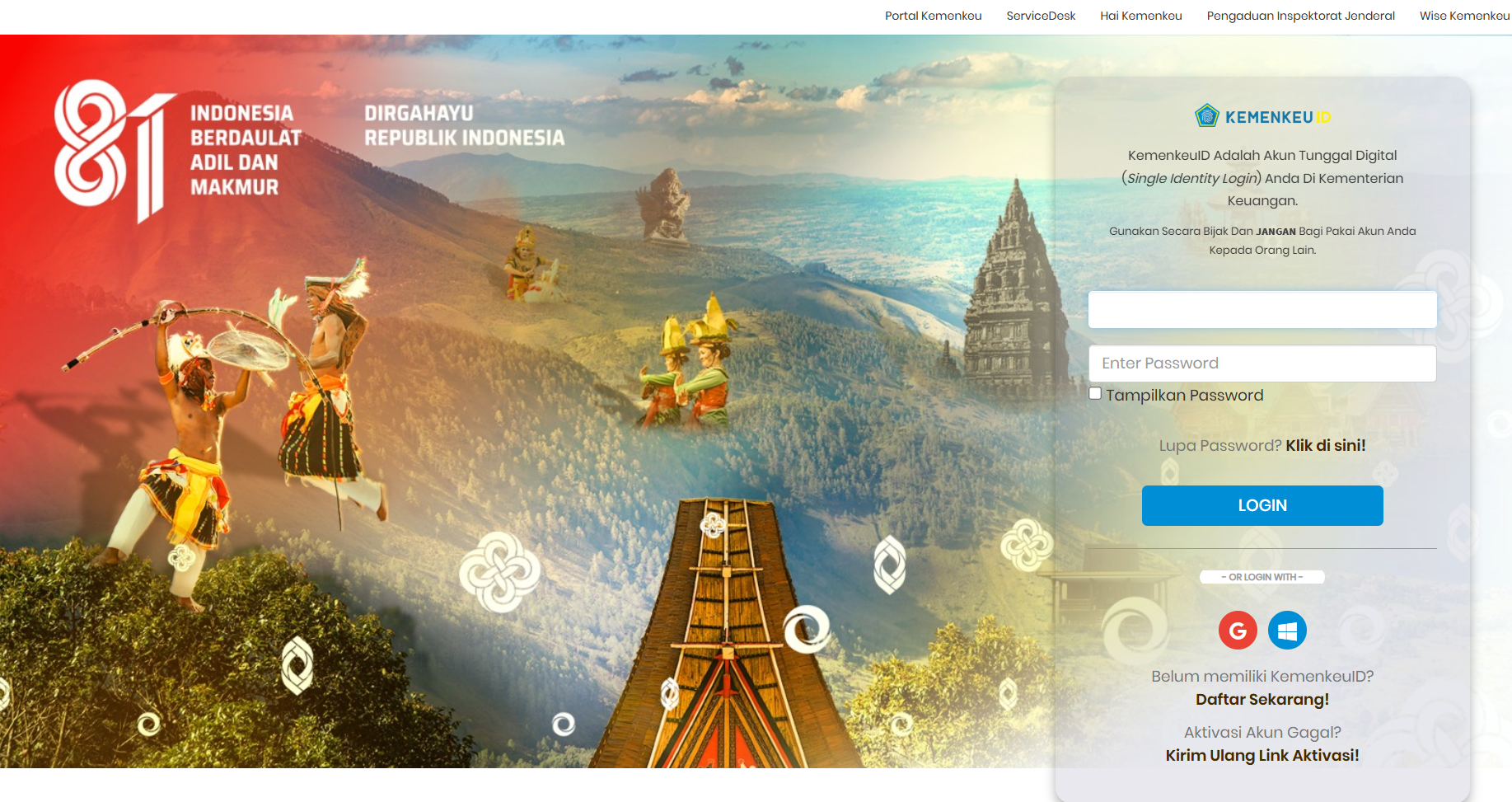Kemenkeu ID identity and login integration screen